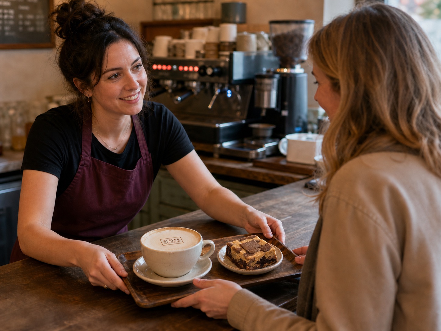 A barista serving coffee and a Clever Cookie Daim Duo signature slice