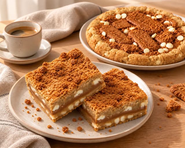 Biscoff cookie bars and a loaded cookie beside coffee
