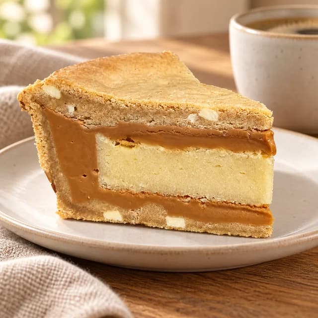 Biscoff Blondie cookie pie slice on a ceramic plate beside coffee