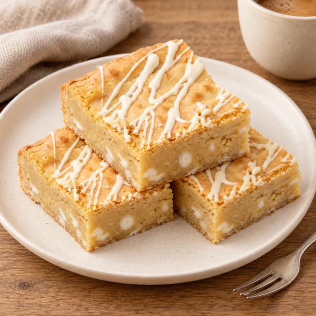 blondies on a ceramic plate beside coffee