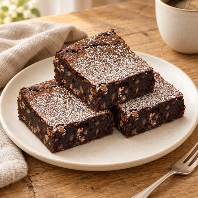brownies on a ceramic plate beside coffee