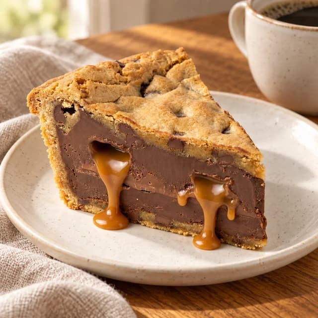 Cadbury Caramel cookie pie slice on a ceramic plate beside coffee