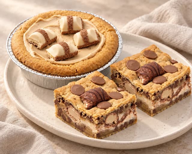Kinder Bueno deep dish cookie and filled cookie bars on a serving plate