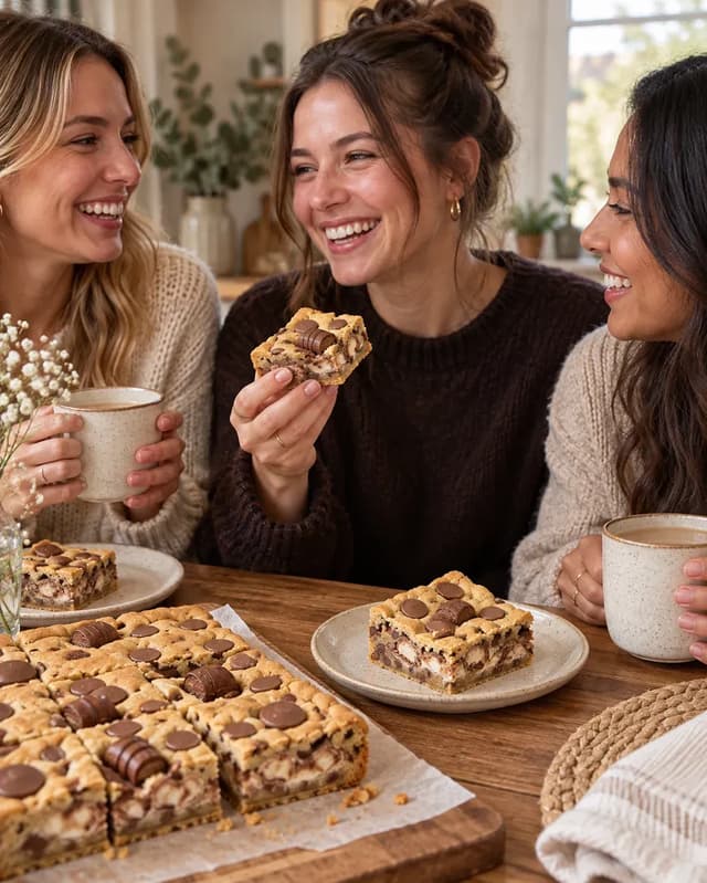 Friends enjoying chocolate and hazelnut cookie slices together over tea