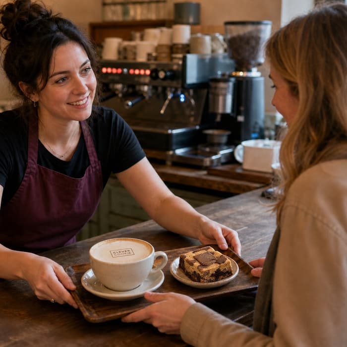 A barista serving coffee and a Clever Cookie Daim Duo signature slice