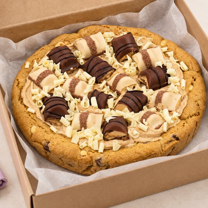 An 8-inch Kinder Bueno loaded cookie with milk and white chocolate toppings in an open bakery box